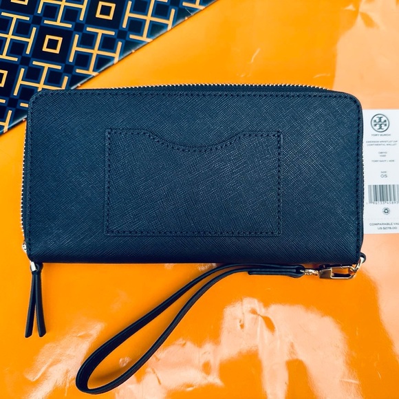 NWT Tory Burch Emerson Continental Wallet Wristlet Navy Leather Shiny Hardware - Picture 2 of 5